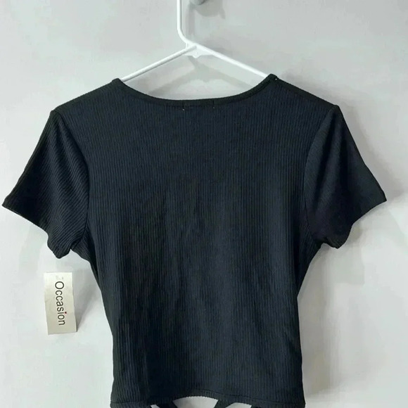 Occasion Black Ribbed Crop Top XL NWT V-Neck Front Ties - Picture 9 of 11